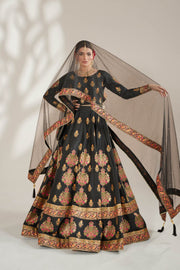 Midnight Black Royal Block-Printed Lehnga Choli For Women