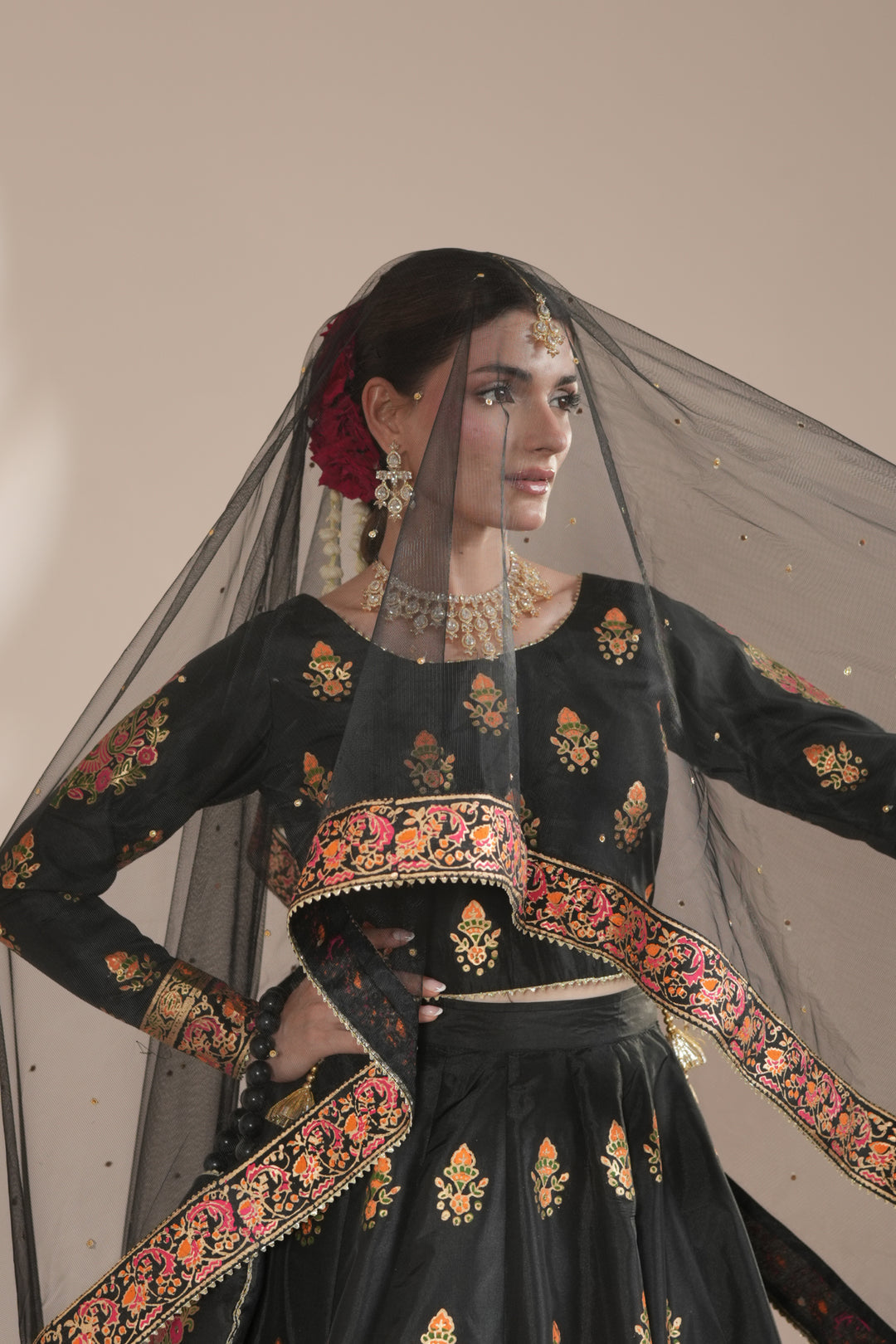 Midnight Black Royal Block-Printed Lehnga Choli For Women