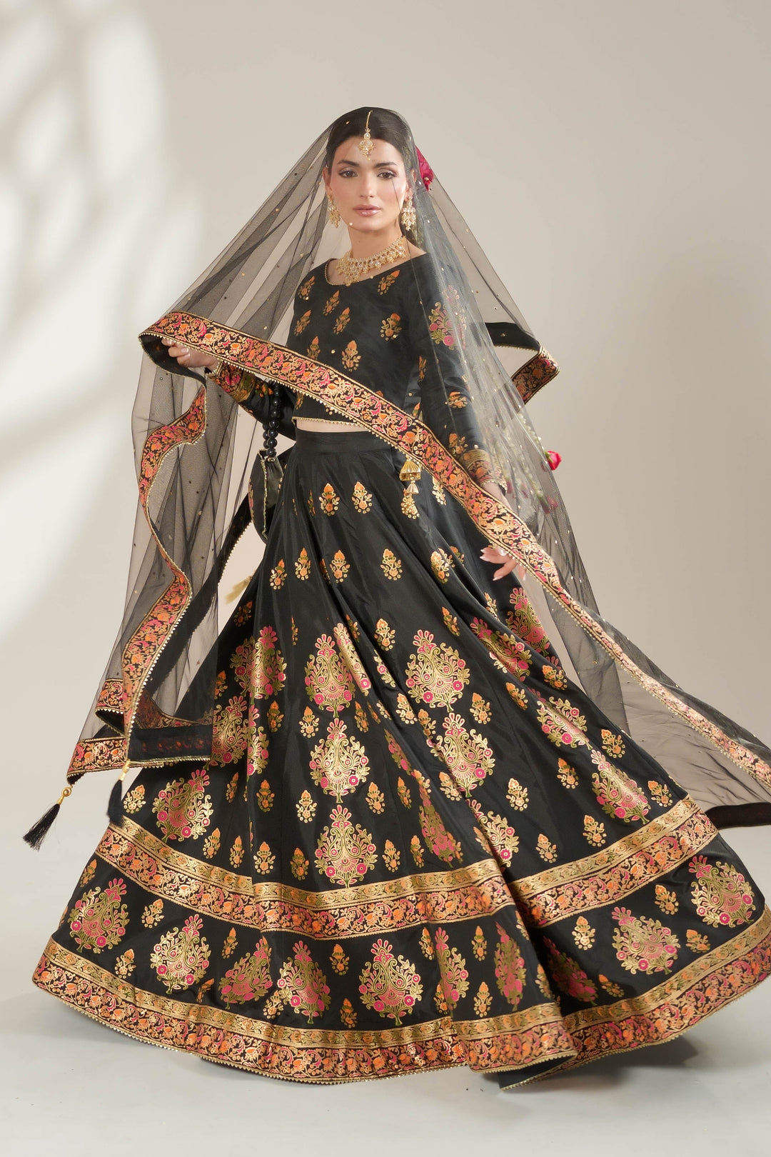 Midnight Black Royal Block-Printed Lehnga Choli For Women