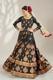 Midnight Black Royal Block-Printed Lehnga Choli For Women
