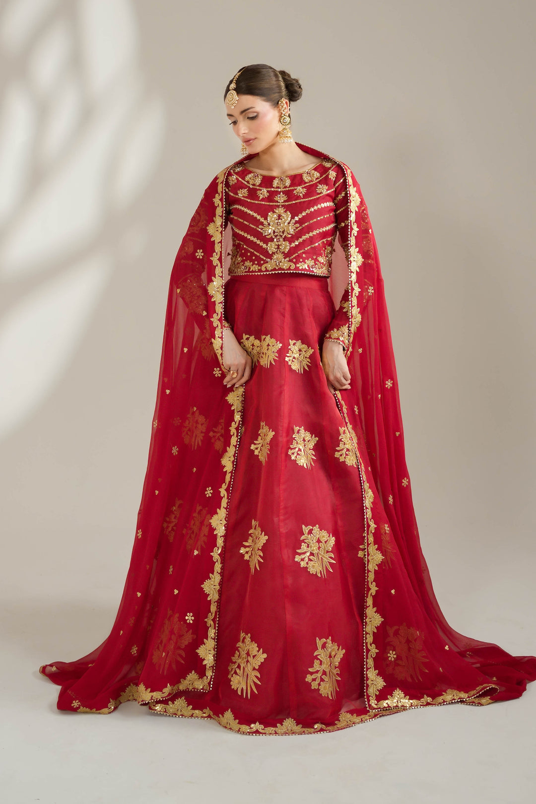 Deep Red Royal Embroidered Organza Lehnga Choli For Women