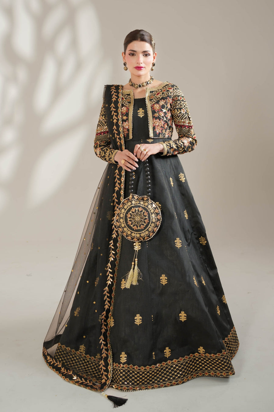 Midnight Noir Black Embroidered Raw Silk Maxi For Women