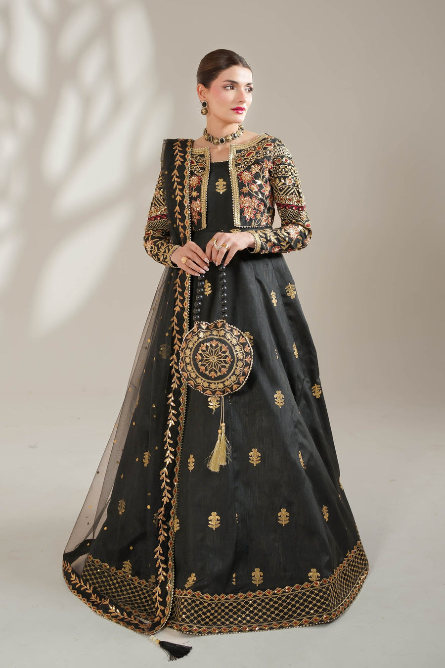 Midnight Noir Black Embroidered Raw Silk Maxi For Women