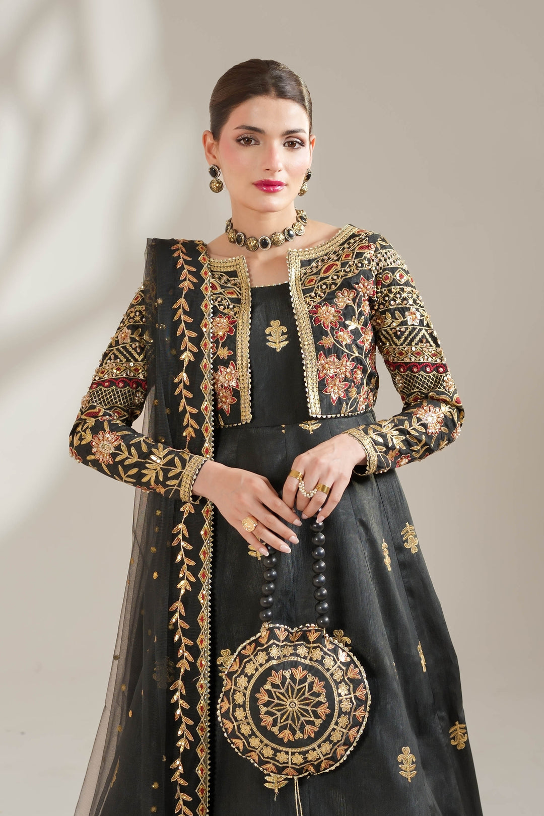 Midnight Noir Black Embroidered Raw Silk Maxi For Women