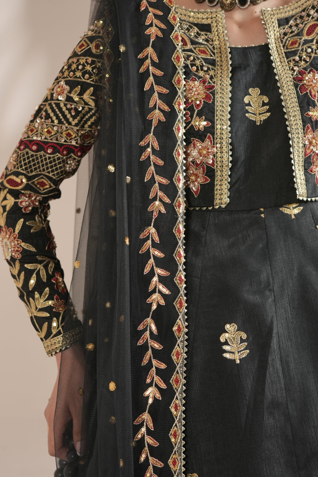 Midnight Noir Black Embroidered Raw Silk Maxi For Women