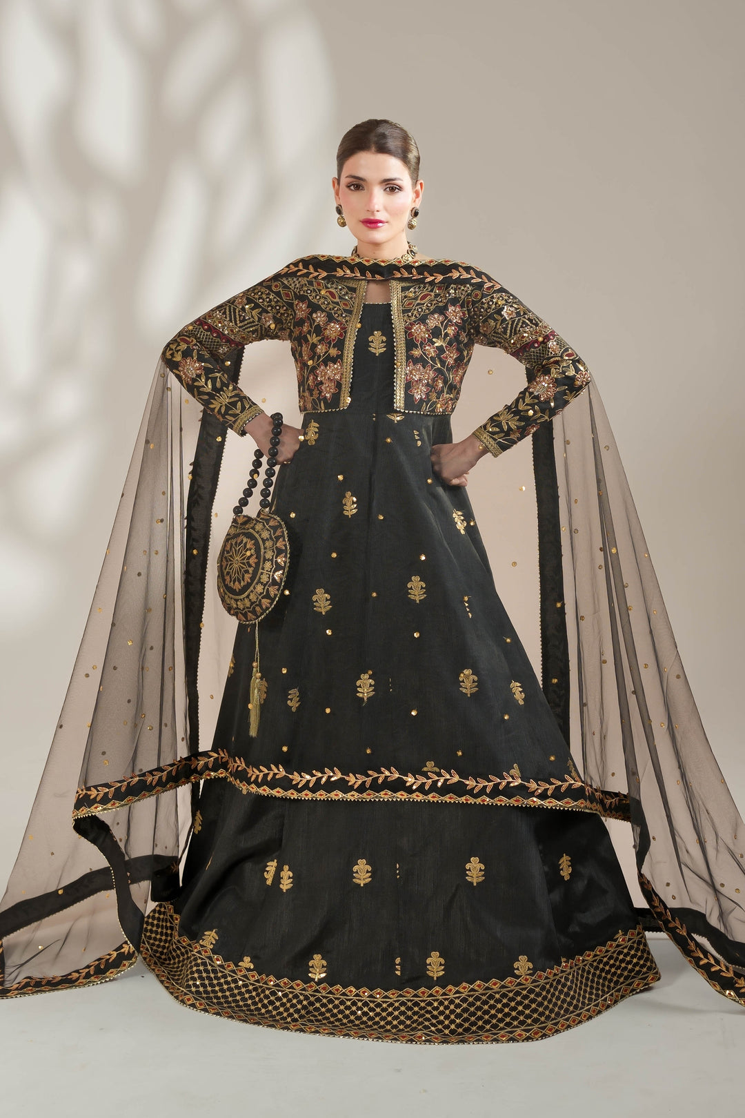 Midnight Noir Black Embroidered Raw Silk Maxi For Women