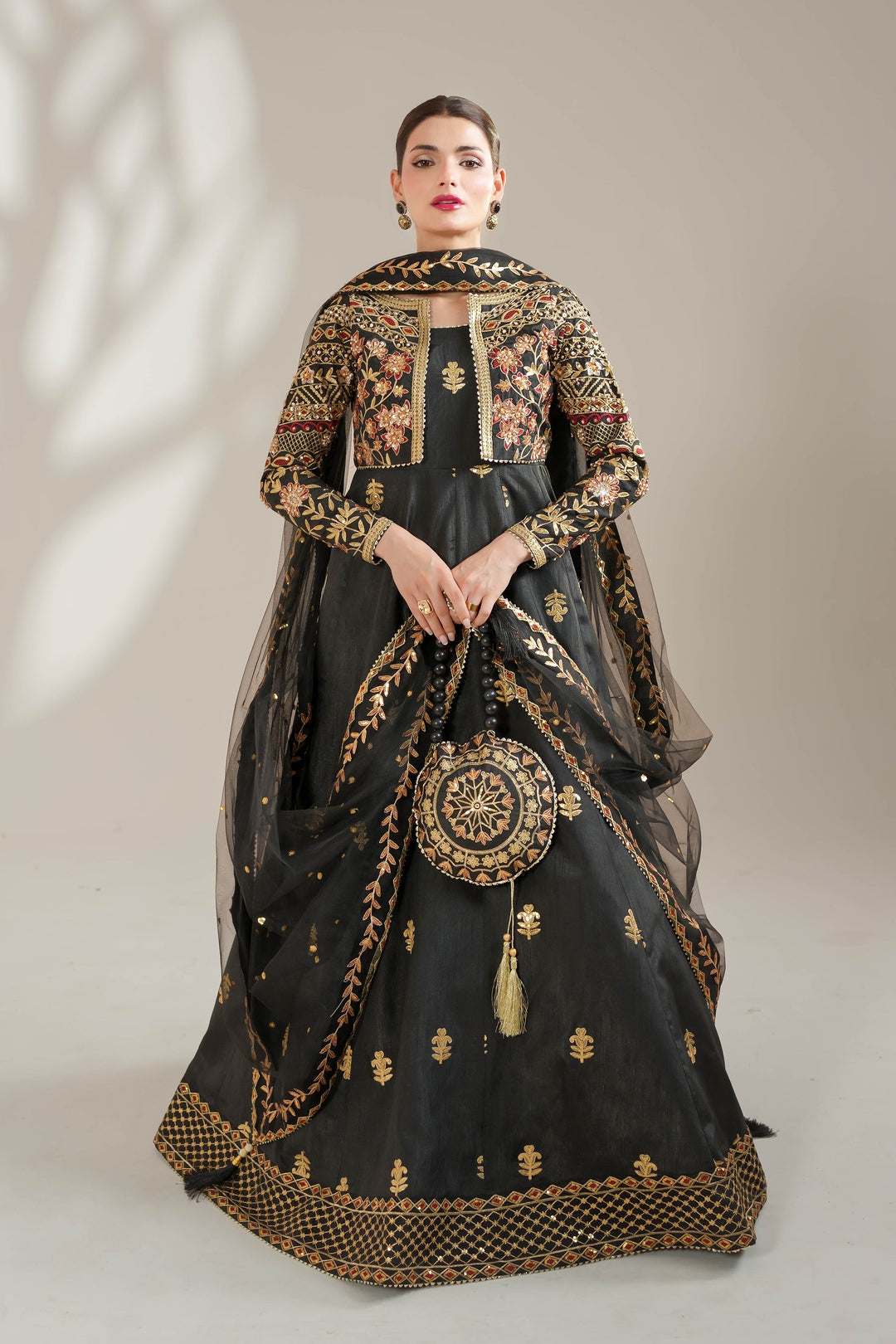 Midnight Noir Black Embroidered Raw Silk Maxi For Women