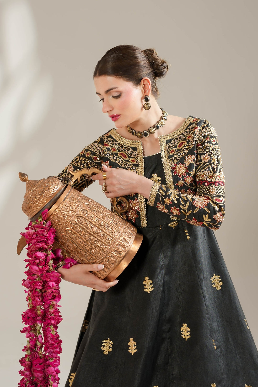 Midnight Noir Black Embroidered Raw Silk Maxi For Women