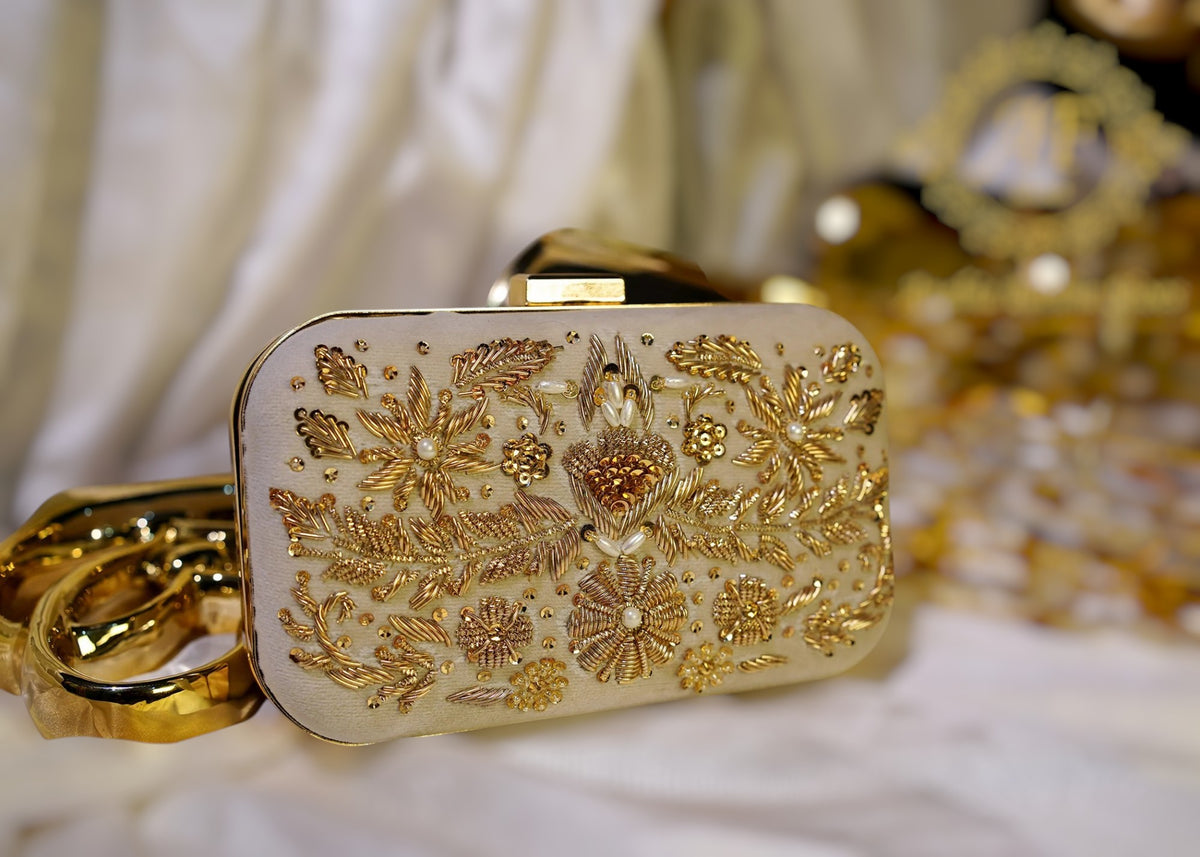 Ivory Hand-Embellished Kora Dabka Clutch For Women