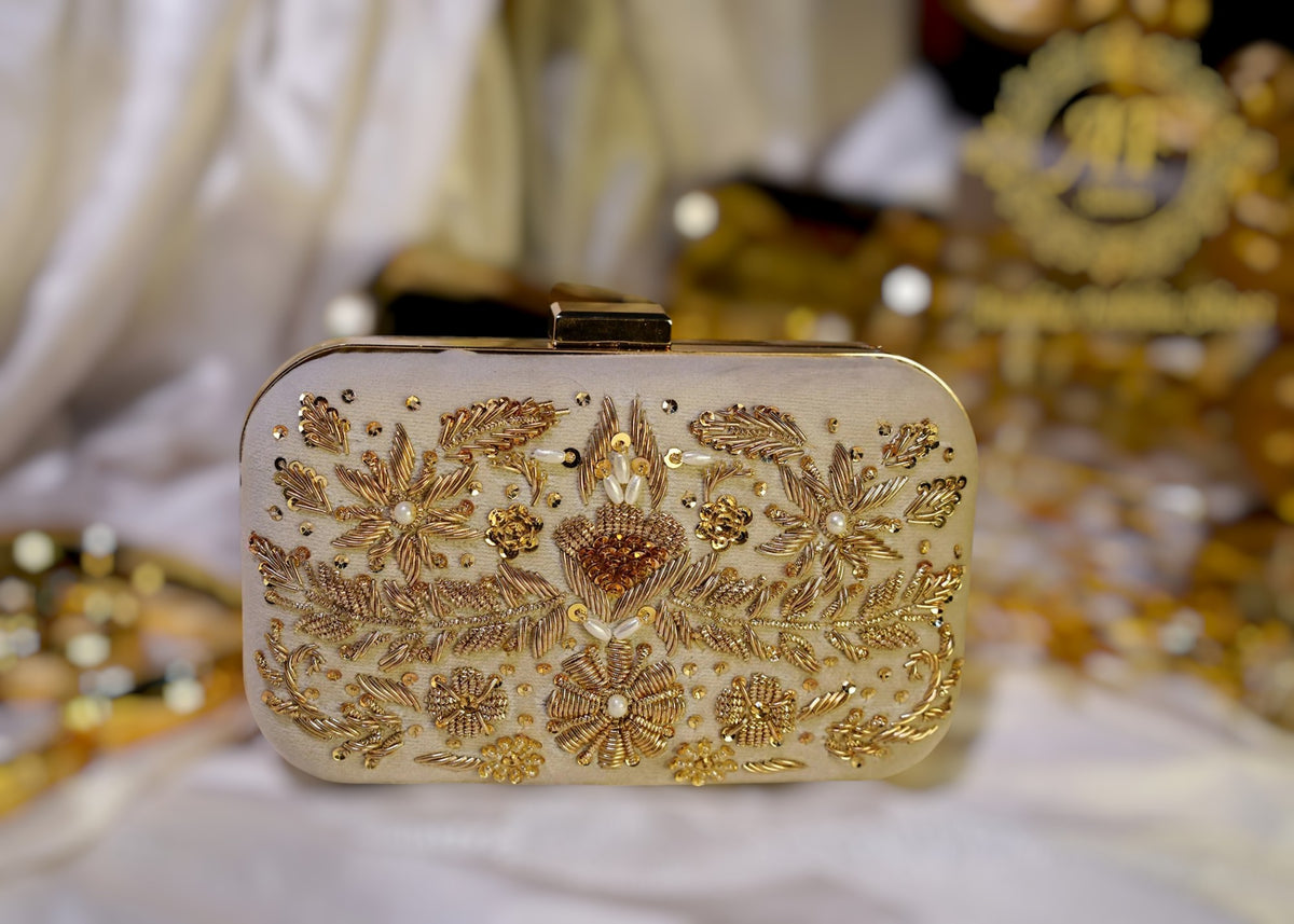 Ivory Hand-Embellished Kora Dabka Clutch For Women