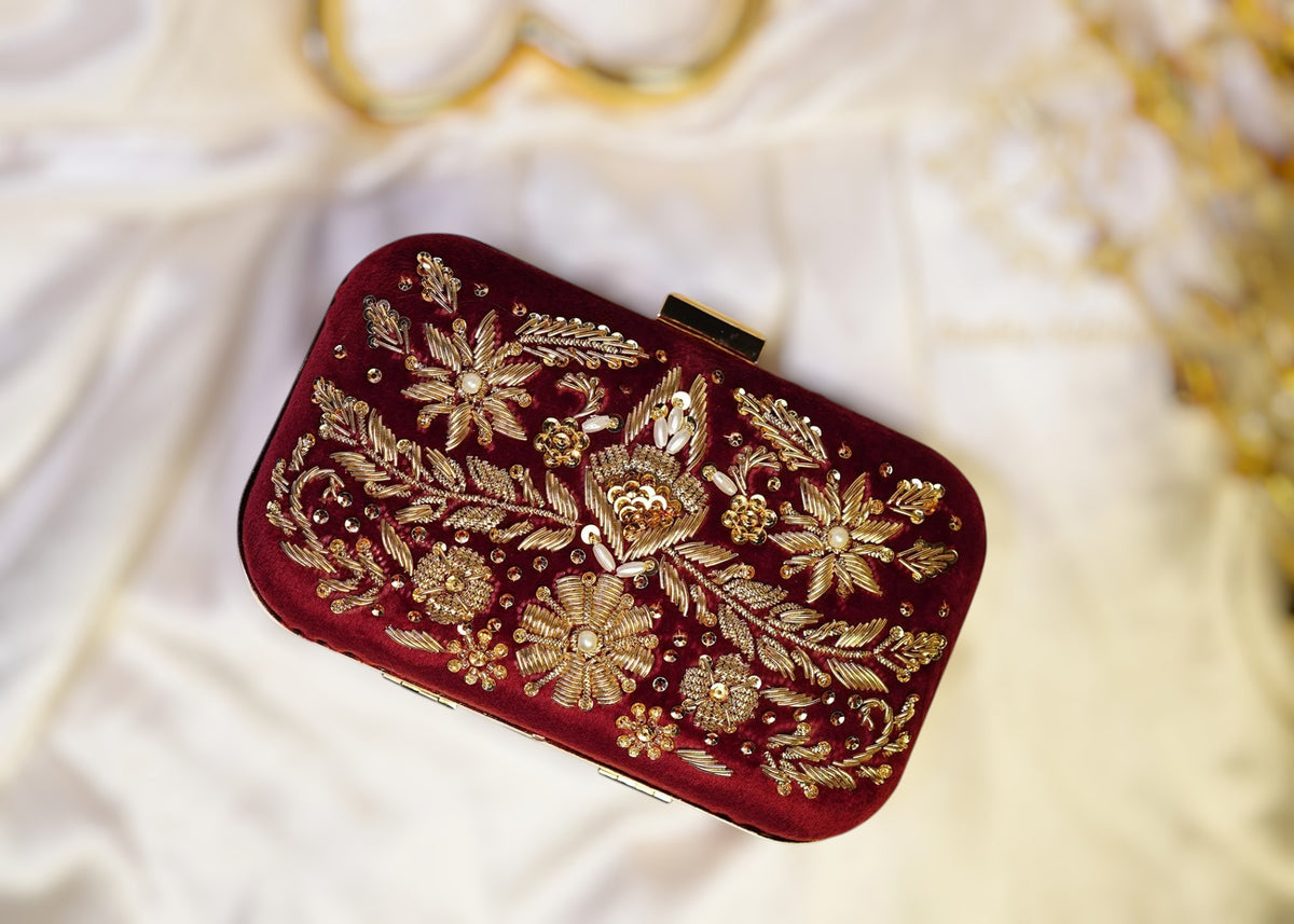 Maroon Hand-Embellished Kora Dabka Clutch For Women