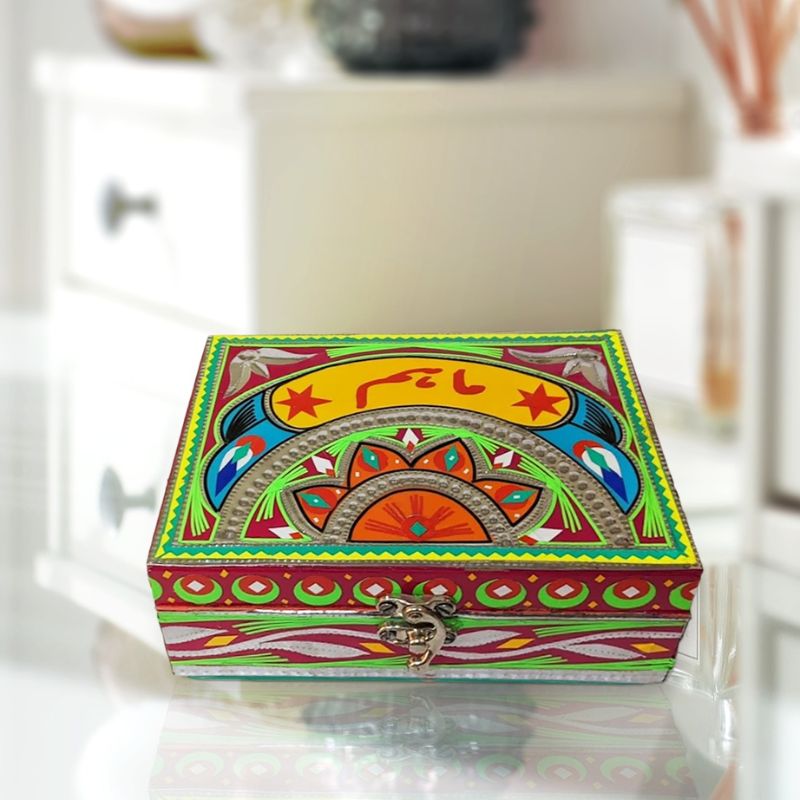 Tribal Green Truck-Art Hand Painted Customized Wooden Jewelry Box