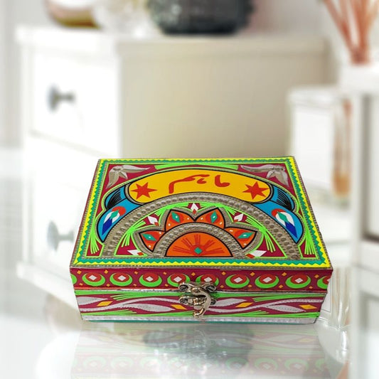 Tribal Green Truck-Art Hand Painted Customized Wooden Jewelry Box