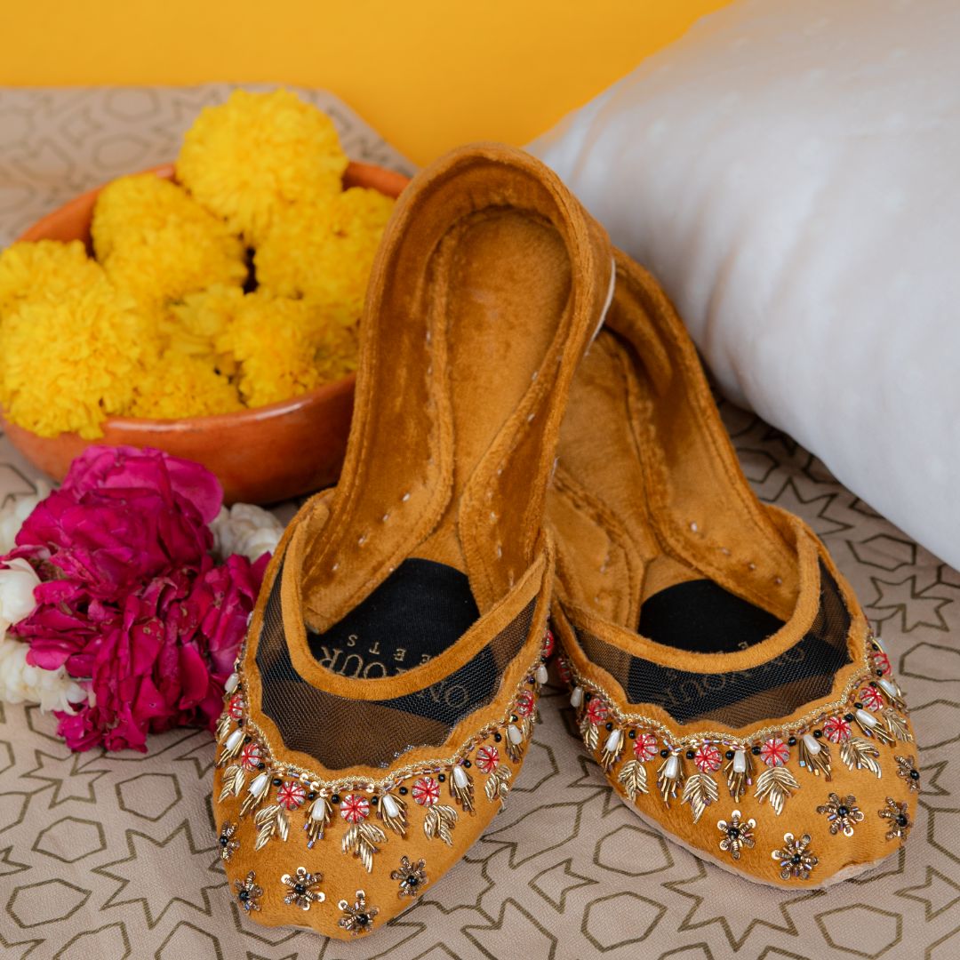 Marigold Muse Khussas – Mustard Velvet with Floral & Bead Embroidery For Women