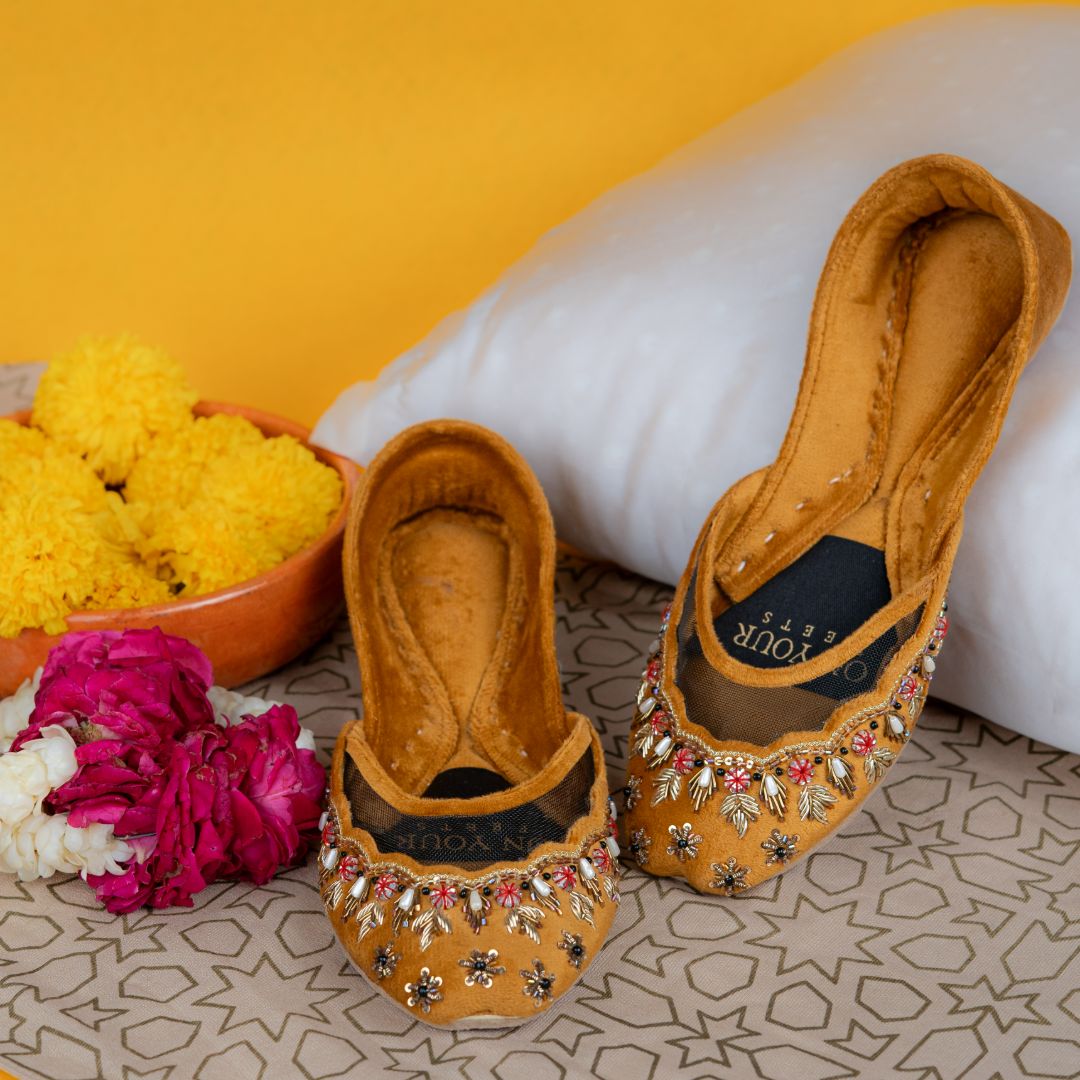 Marigold Muse Khussas – Mustard Velvet with Floral & Bead Embroidery For Women