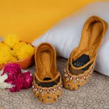 Marigold Muse Khussas – Mustard Velvet with Floral & Bead Embroidery For Women