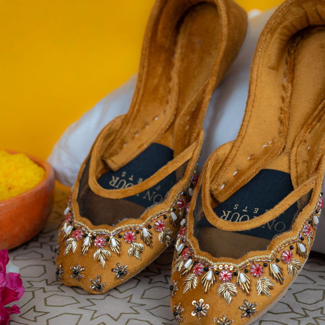Marigold Muse Khussas – Mustard Velvet with Floral & Bead Embroidery For Women