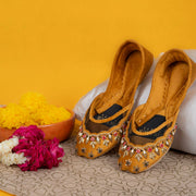 Marigold Muse Khussas – Mustard Velvet with Floral & Bead Embroidery For Women