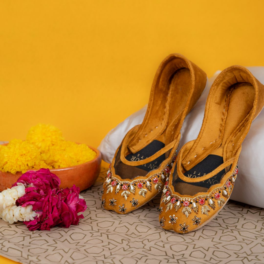 Marigold Muse Khussas – Mustard Velvet with Floral & Bead Embroidery For Women