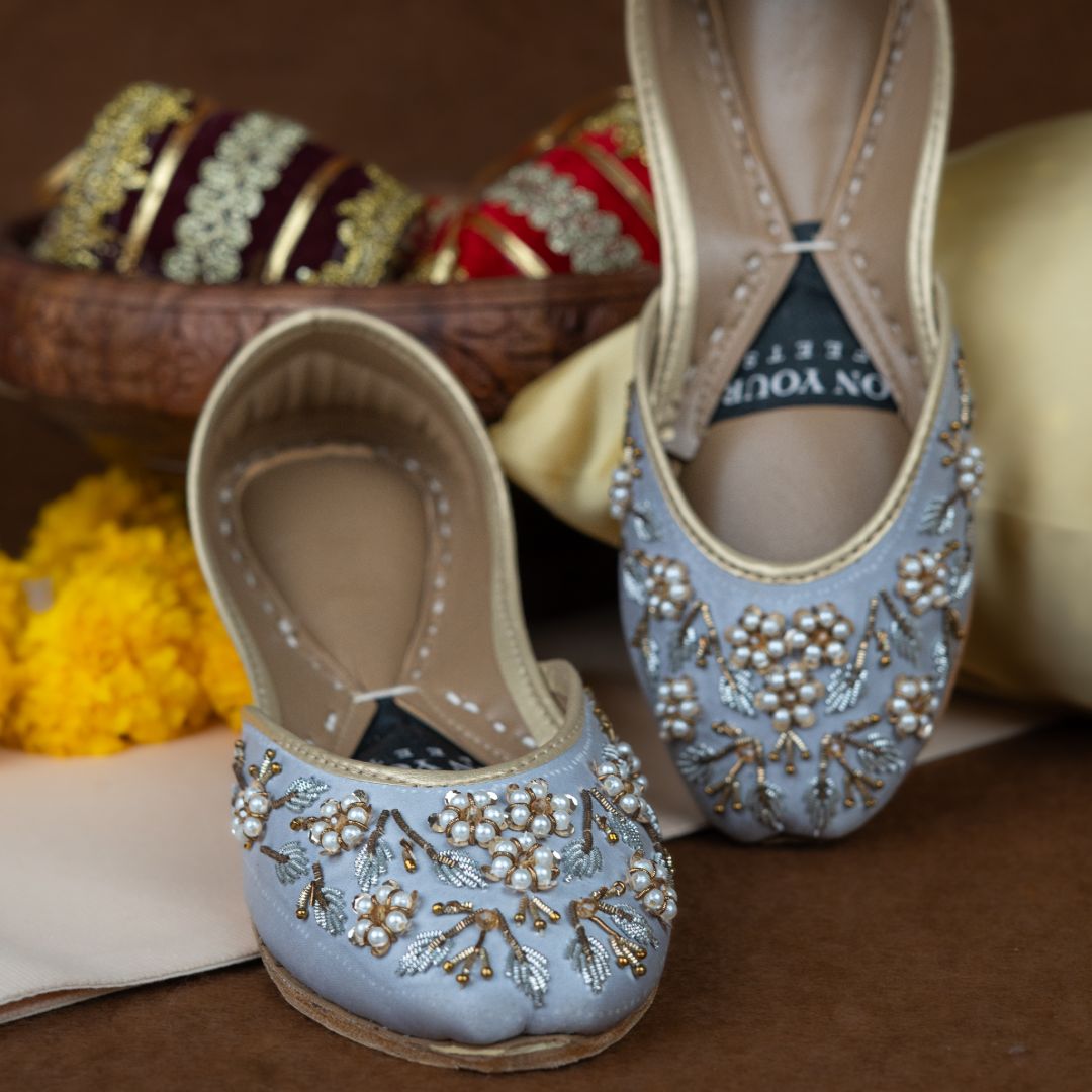 Marina Khussas – Powder Blue Velvet with Pearl & Metallic Embroidery For Women