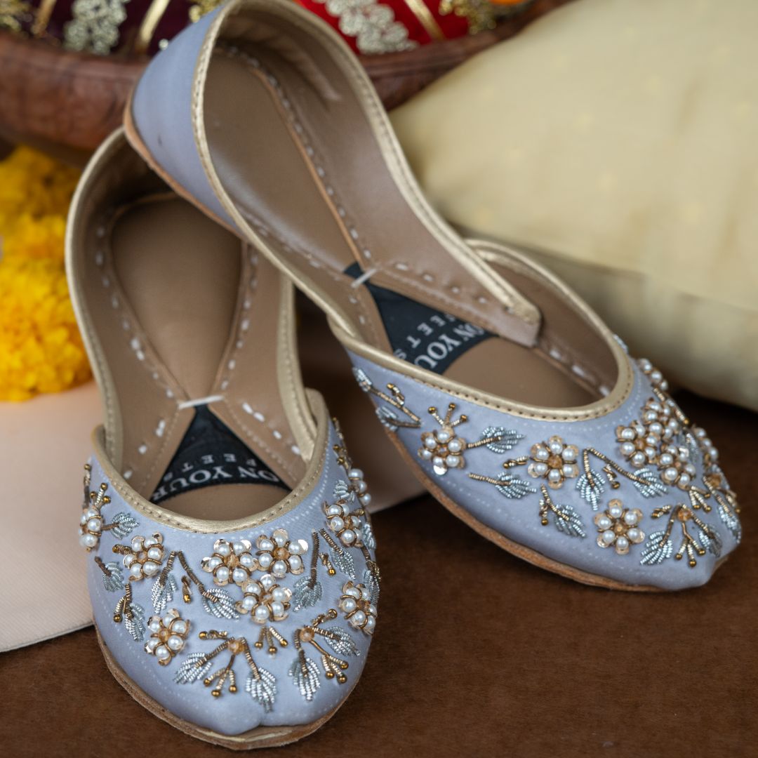 Marina Khussas – Powder Blue Velvet with Pearl & Metallic Embroidery For Women