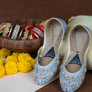 Marina Khussas – Powder Blue Velvet with Pearl & Metallic Embroidery For Women