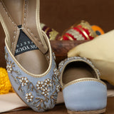 Marina Khussas – Powder Blue Velvet with Pearl & Metallic Embroidery For Women