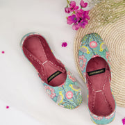 Masakali – Teal Khussas with Birds & Pink Floral Print For Women