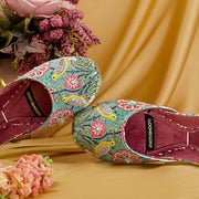 Masakali – Teal Khussas with Birds & Pink Floral Print For Women