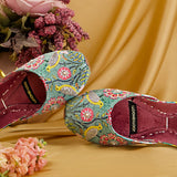 Masakali – Teal Khussas with Birds & Pink Floral Print For Women
