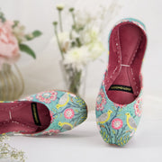 Masakali – Teal Khussas with Birds & Pink Floral Print For Women