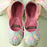 Masakali – Teal Khussas with Birds & Pink Floral Print For Women