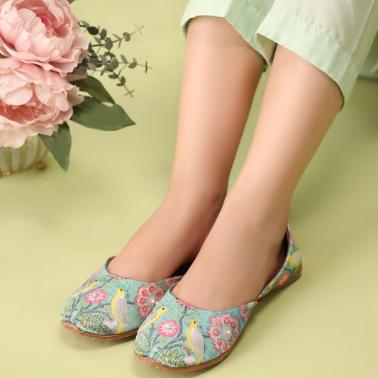 Masakali – Teal Khussas with Birds & Pink Floral Print For Women