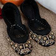 Midnight Majesty Khussas – Black Velvet with Gold & Pearl Embroidery For Women