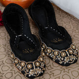 Midnight Majesty Khussas – Black Velvet with Gold & Pearl Embroidery For Women