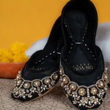 Midnight Majesty Khussas – Black Velvet with Gold & Pearl Embroidery For Women