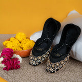 Midnight Majesty Khussas – Black Velvet with Gold & Pearl Embroidery For Women