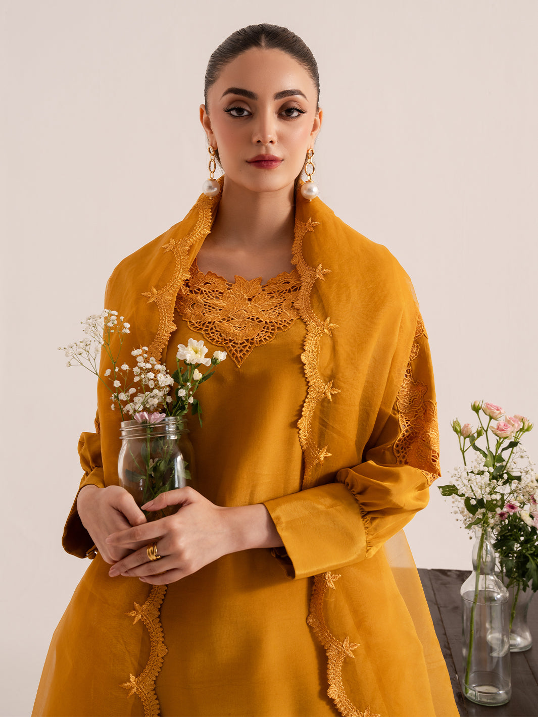 Ochre – Mustard Raw Silk Embroidered Suit For Women