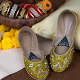 Olive Bloom Khussas – Handcrafted Olive Green with Pearl & Zari Embroidery For Women