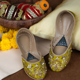 Olive Bloom Khussas – Handcrafted Olive Green with Pearl & Zari Embroidery For Women