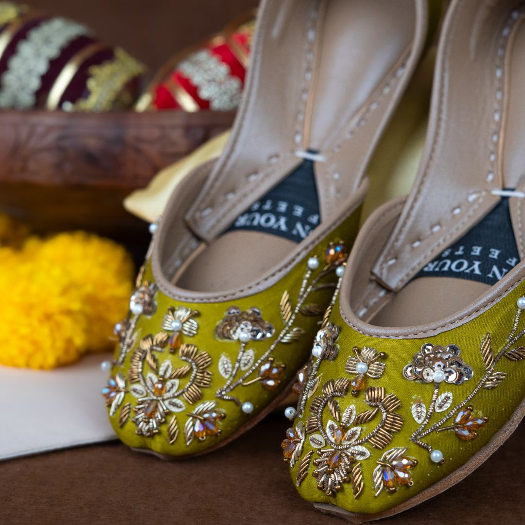 Olive Bloom Khussas – Handcrafted Olive Green with Pearl & Zari Embroidery For Women