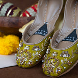 Olive Bloom Khussas – Handcrafted Olive Green with Pearl & Zari Embroidery For Women