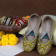 Olive Bloom Khussas – Handcrafted Olive Green with Pearl & Zari Embroidery For Women