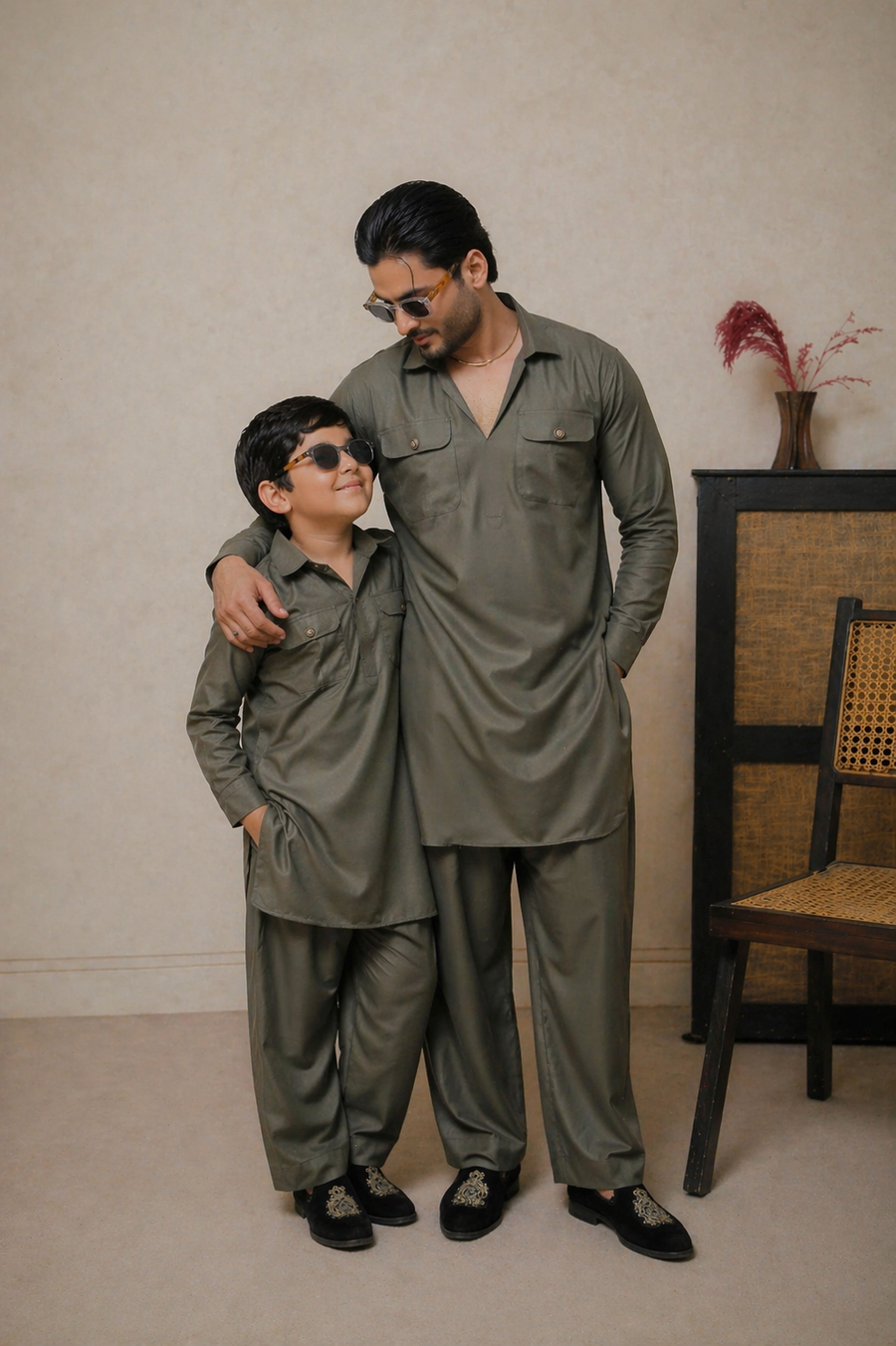 Olive Green Father & Son Matching Kurta Set For Men & Kid