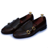 Brown Polished Printed Leather With Golden Buckle Shoes For Men