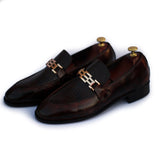 Maroon Polished Printed Leather With Golden Buckle Shoes For Men