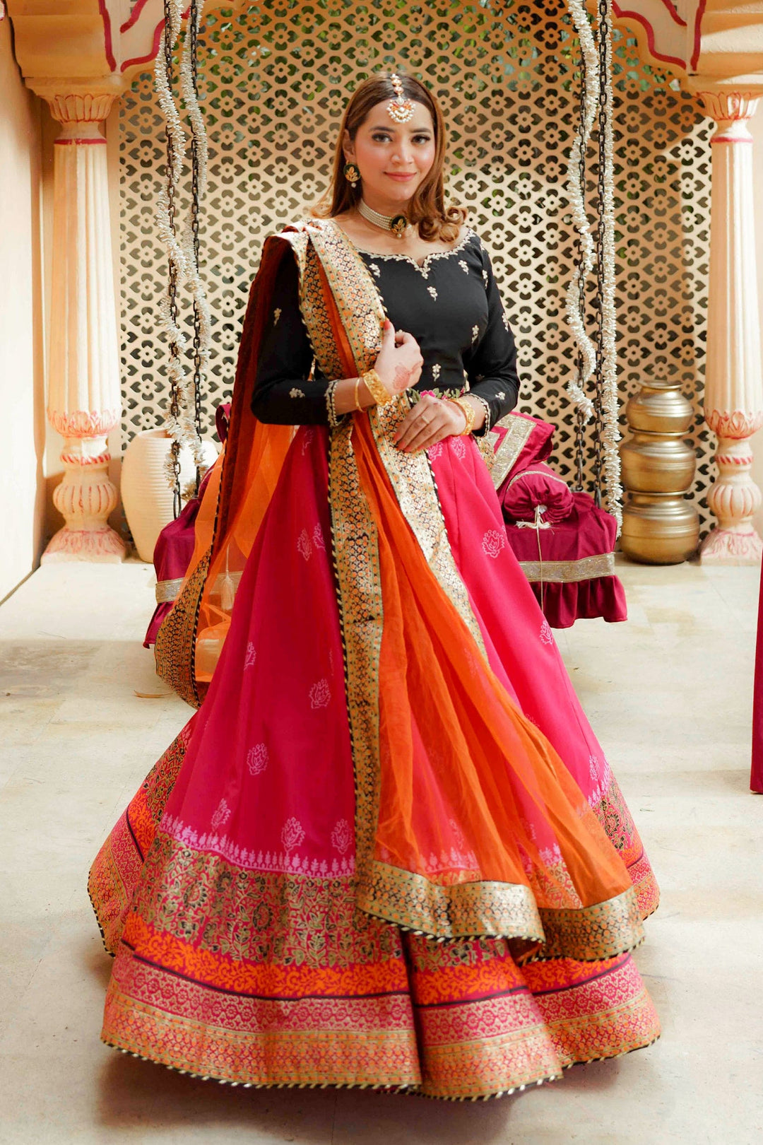Gulnaz Black, Pink & Orange Lehenga Choli with Net Dupatta For Women