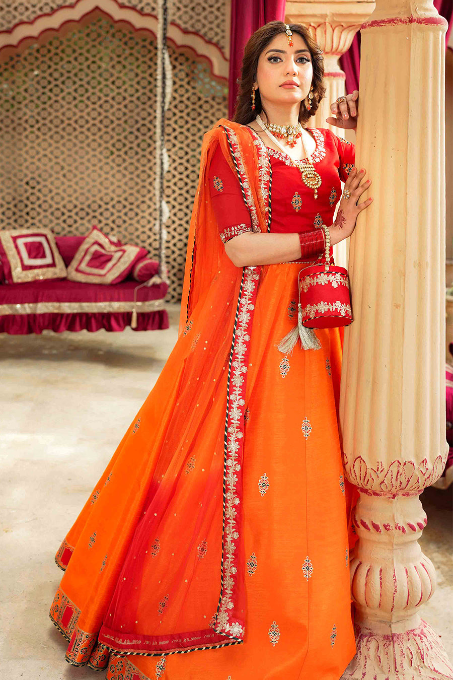 Gulaal Red & Orange Chiffon Lehenga Choli with Net Dupatta For Women