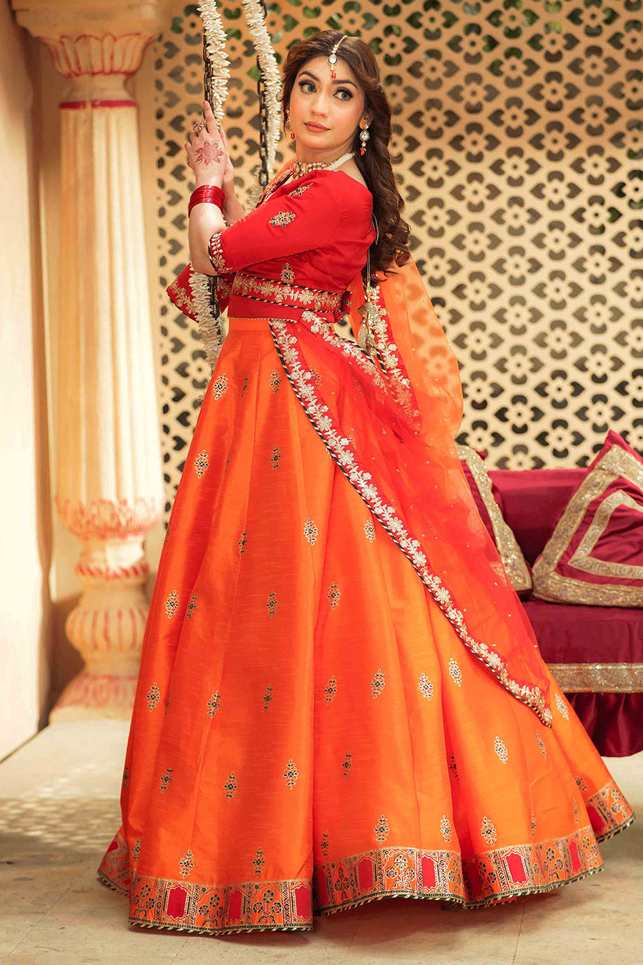 Gulaal Red & Orange Chiffon Lehenga Choli with Net Dupatta For Women