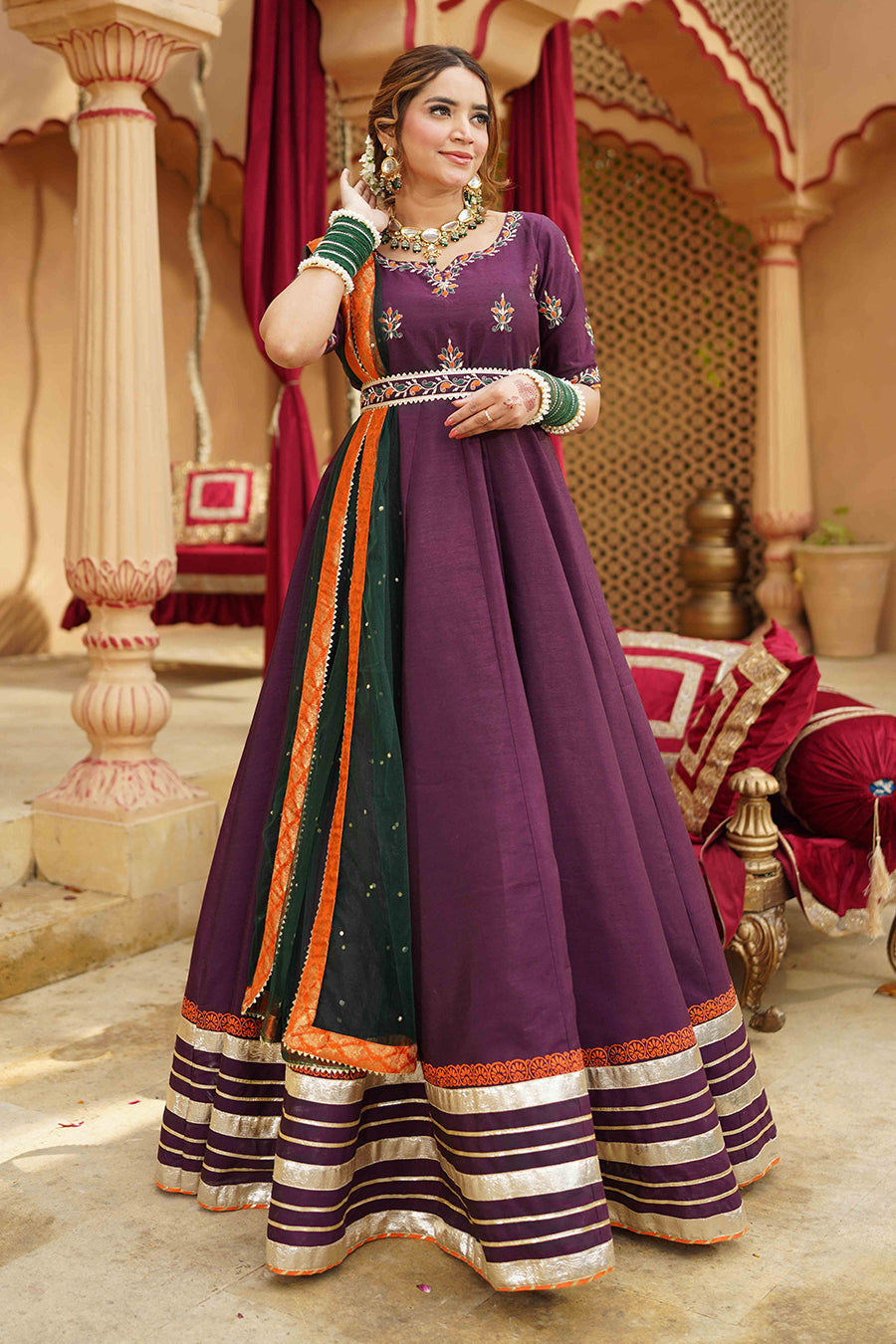 Mehrunisa Purple & Green Raw Silk Maxi with Dupatta & Belt For Women